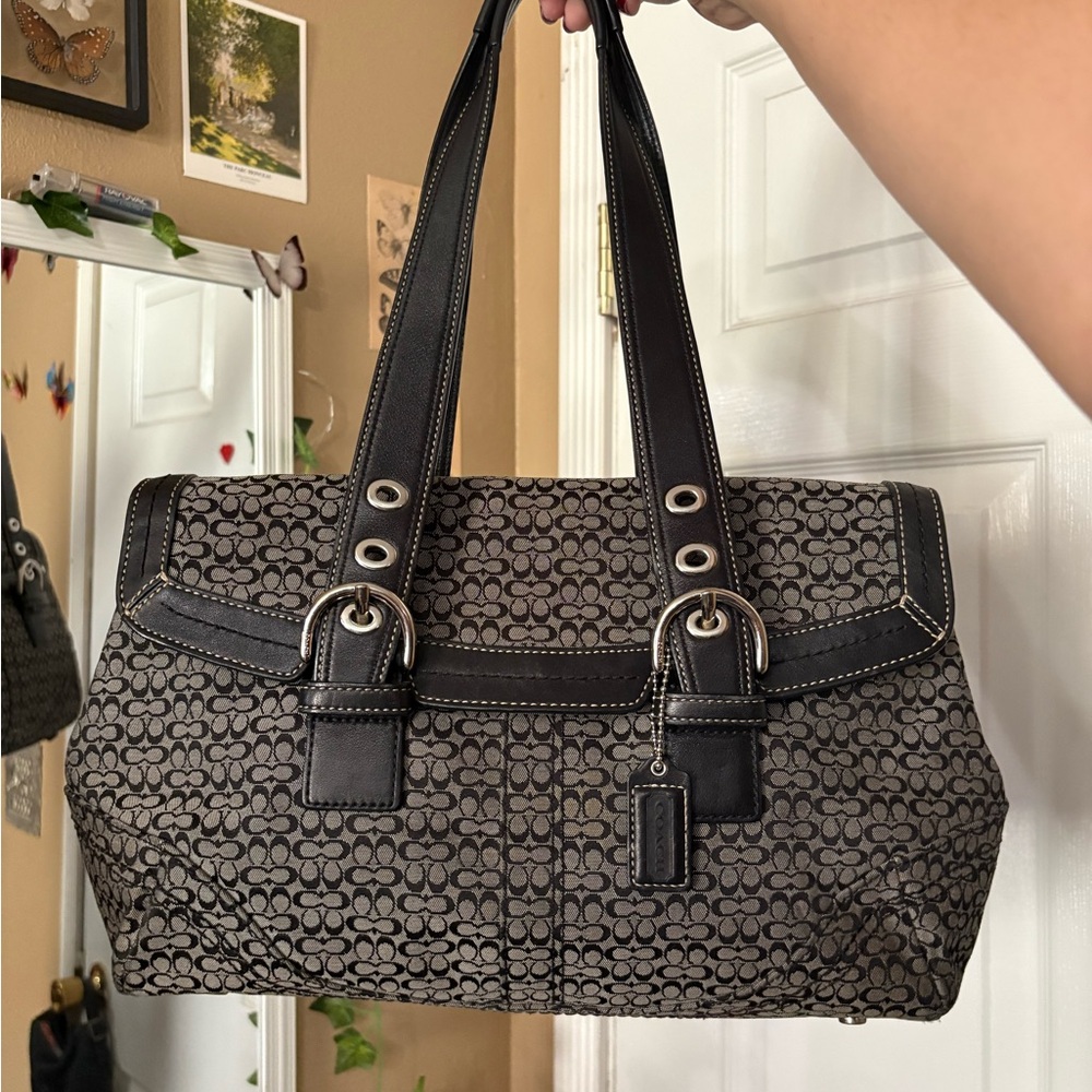 Coach Black and Gray Shoulder Bag with Signature Monogram